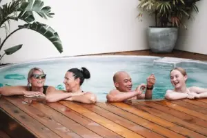 group of friends in a magnesium pool