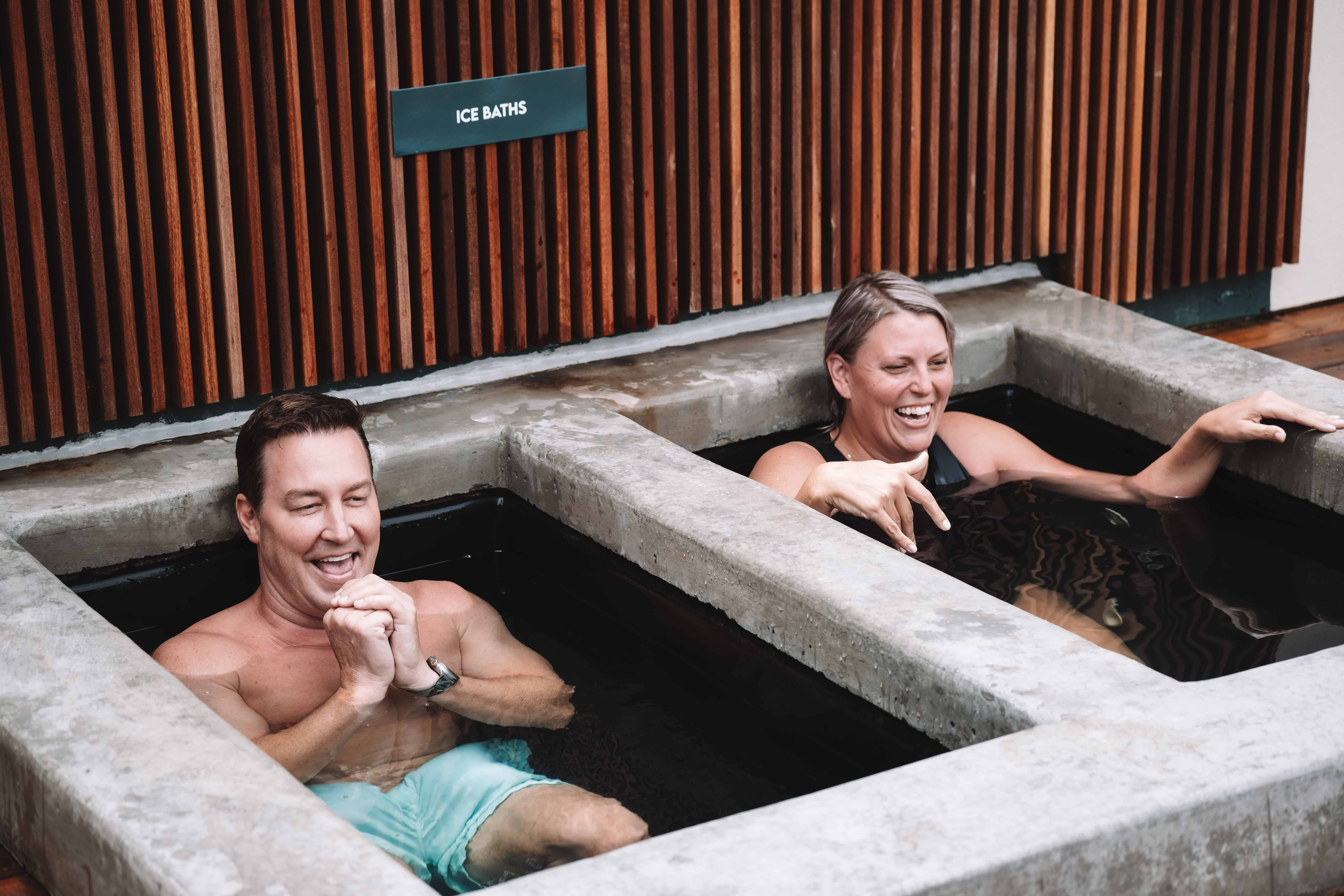 Friends doing an ice bath at Vikasati sanctuary