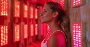 A woman sits in a vibrant red sauna, surrounded by red lights, emphasizing wellness in under 30 minutes.